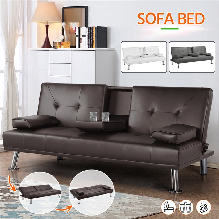 Janni 66''' Wide Faux Leather Cushion Back Convertible Sofa with Cup Holder