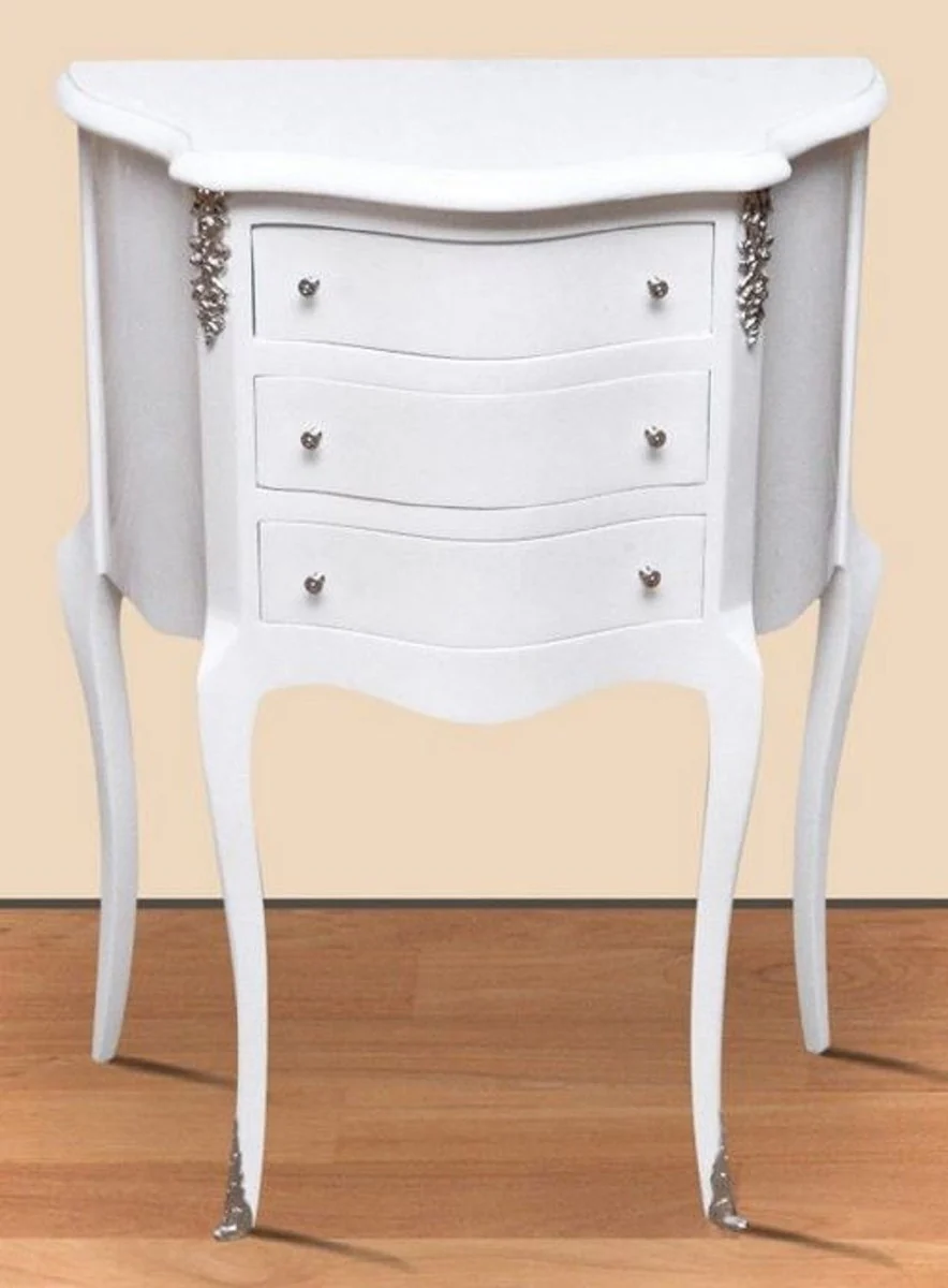 Baroque night dresser white / silver - solid wood bedside table - side table with 3 drawers - handmade baroque furniture