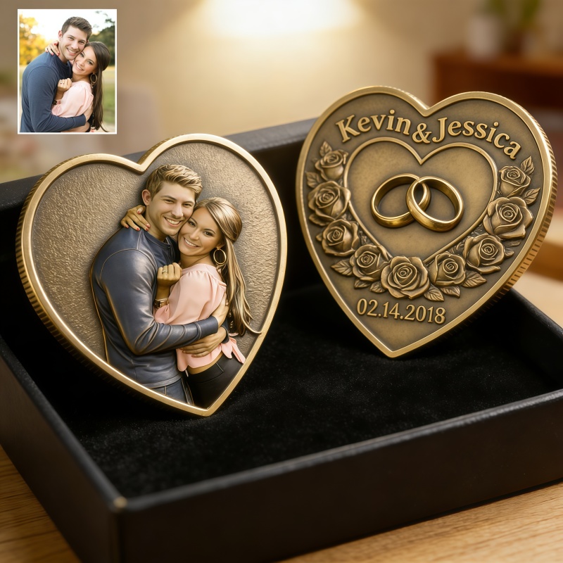 Custom Heart Shaped Photo Coin with Name and Date-$33.00-Photo to 3d art