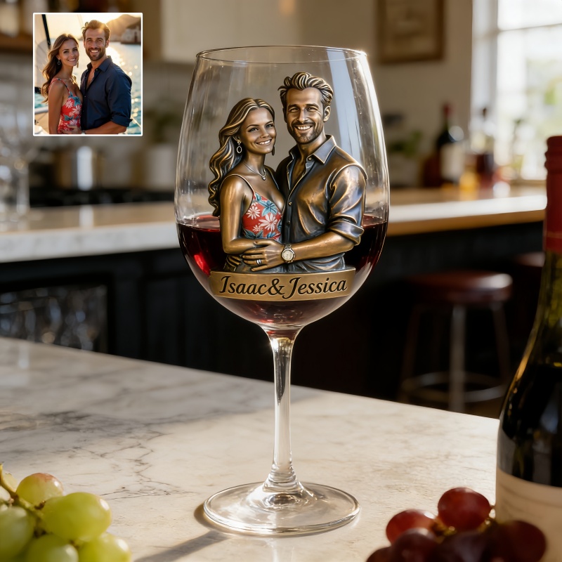 Custom Bronze Style Couple Photo Wine Glass with Names-$33.00-Photo to 3d art