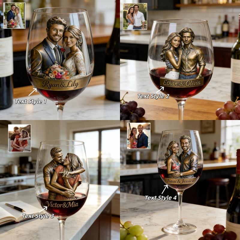 Custom Bronze Style Couple Photo Wine Glass with Names-$33.00-Photo to 3d art