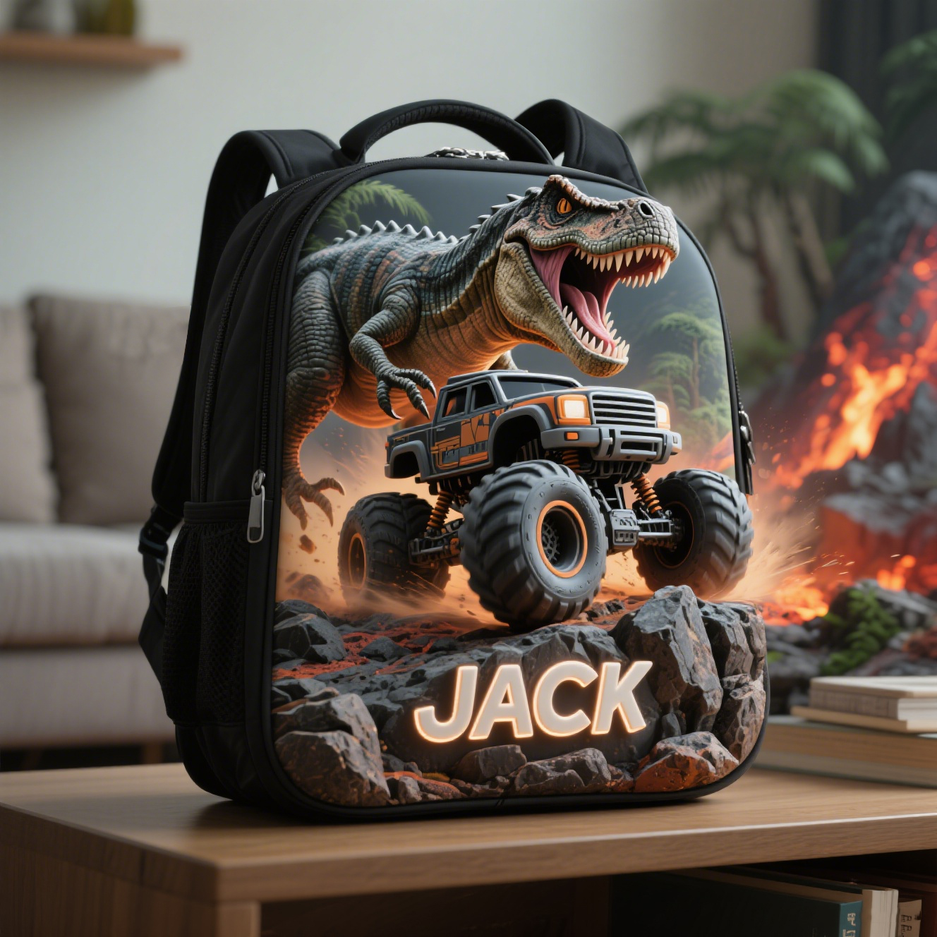 Personalized Kids Dinosaur Monster Truck Themed School Bag-$38.00-Photo to 3d art