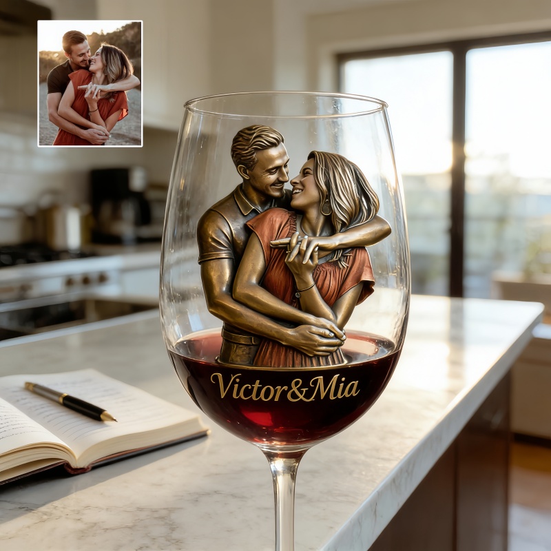 Custom Bronze Style Couple Photo Wine Glass with Names-$33.00-Photo to 3d art