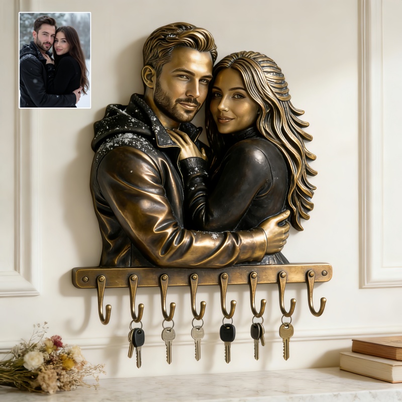 Custom vintage bronze style couple photo wall key holder-$35.00-Photo to 3d art