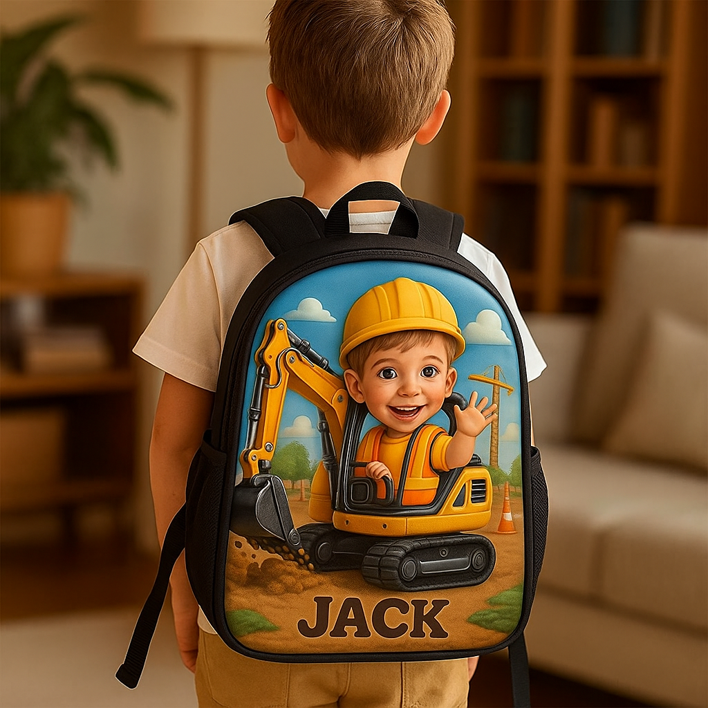 Personalized Children's Excavator Driver Cartoon Photo Theme School Bag-$38.00-Photo to 3d art