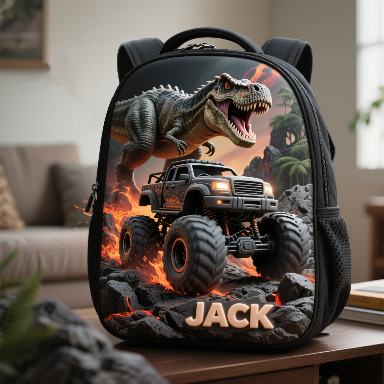Personalized Kids Dinosaur Monster Truck Themed School Bag-$38.00-Photo to 3d art