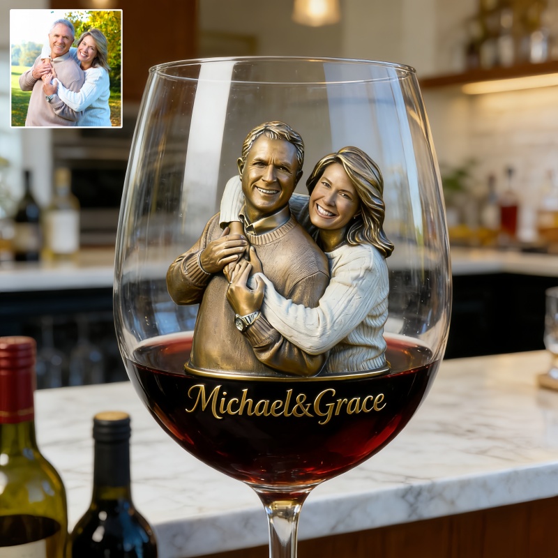 Custom Bronze Style Couple Photo Wine Glass with Names-$33.00-Photo to 3d art