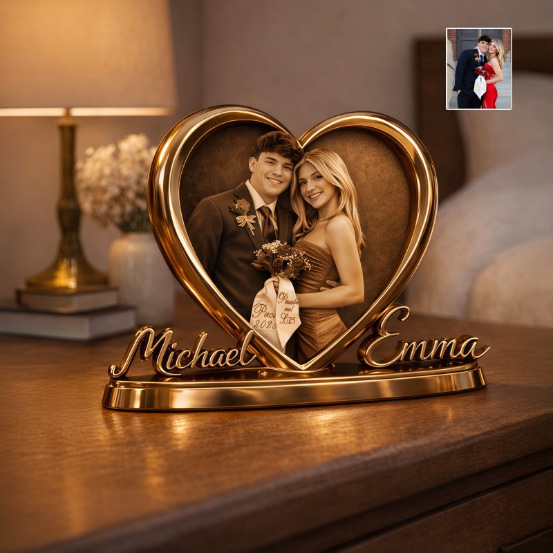 Personalized heart photo couple display with names-$32.00-Photo to 3d art