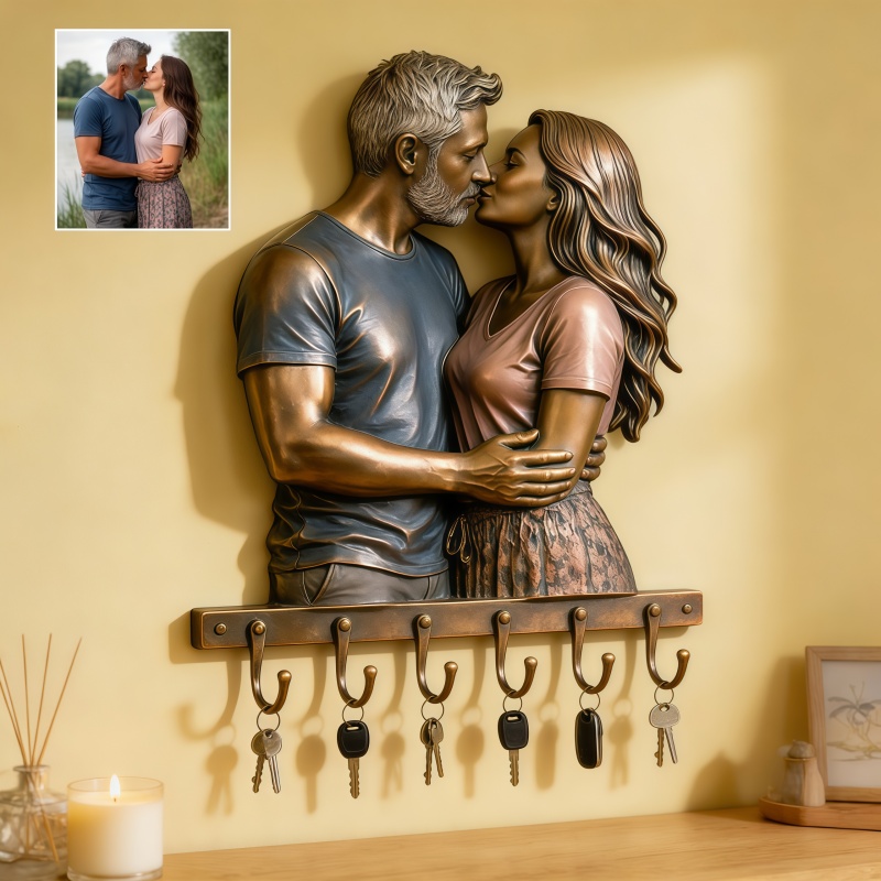 Custom vintage bronze style couple photo wall key holder-$35.00-Photo to 3d art
