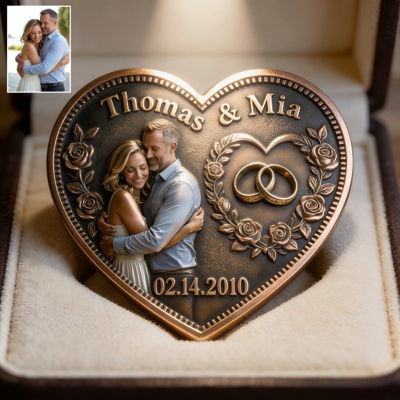 Custom Heart Photo Coin with Name and Date-$33.00-Photo to 3d art