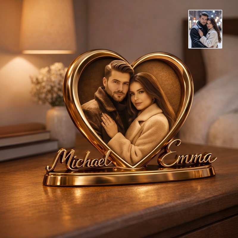 Personalized heart photo couple display with names-$32.00-Photo to 3d art