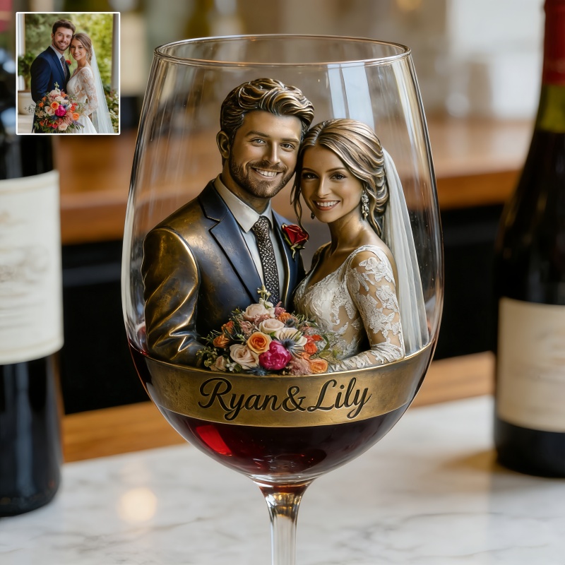Custom Bronze Style Couple Photo Wine Glass with Names-$33.00-Photo to 3d art
