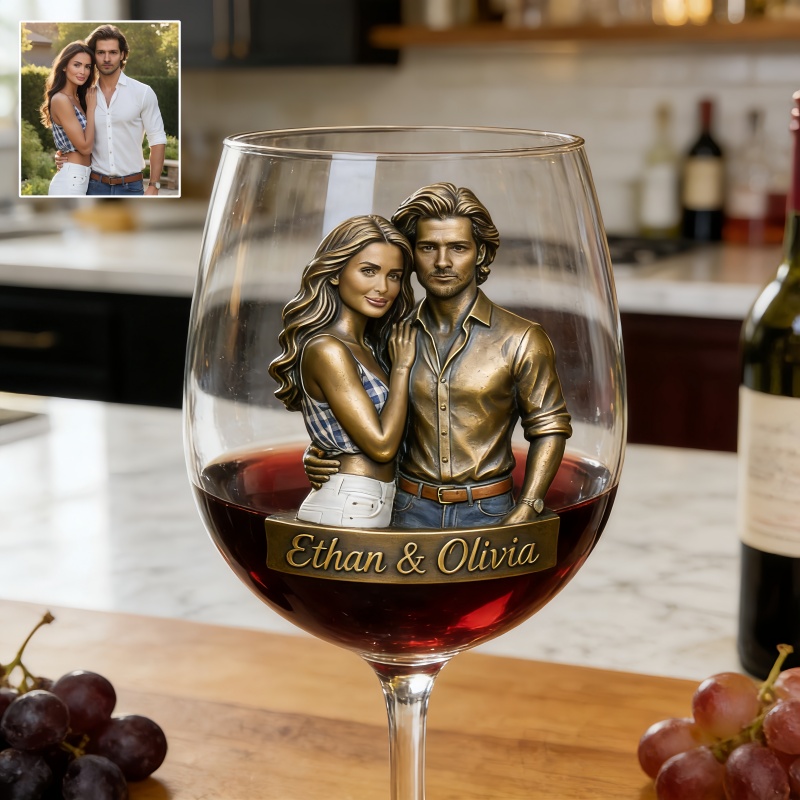 Custom Bronze Style Couple Photo Wine Glass with Names-$33.00-Photo to 3d art