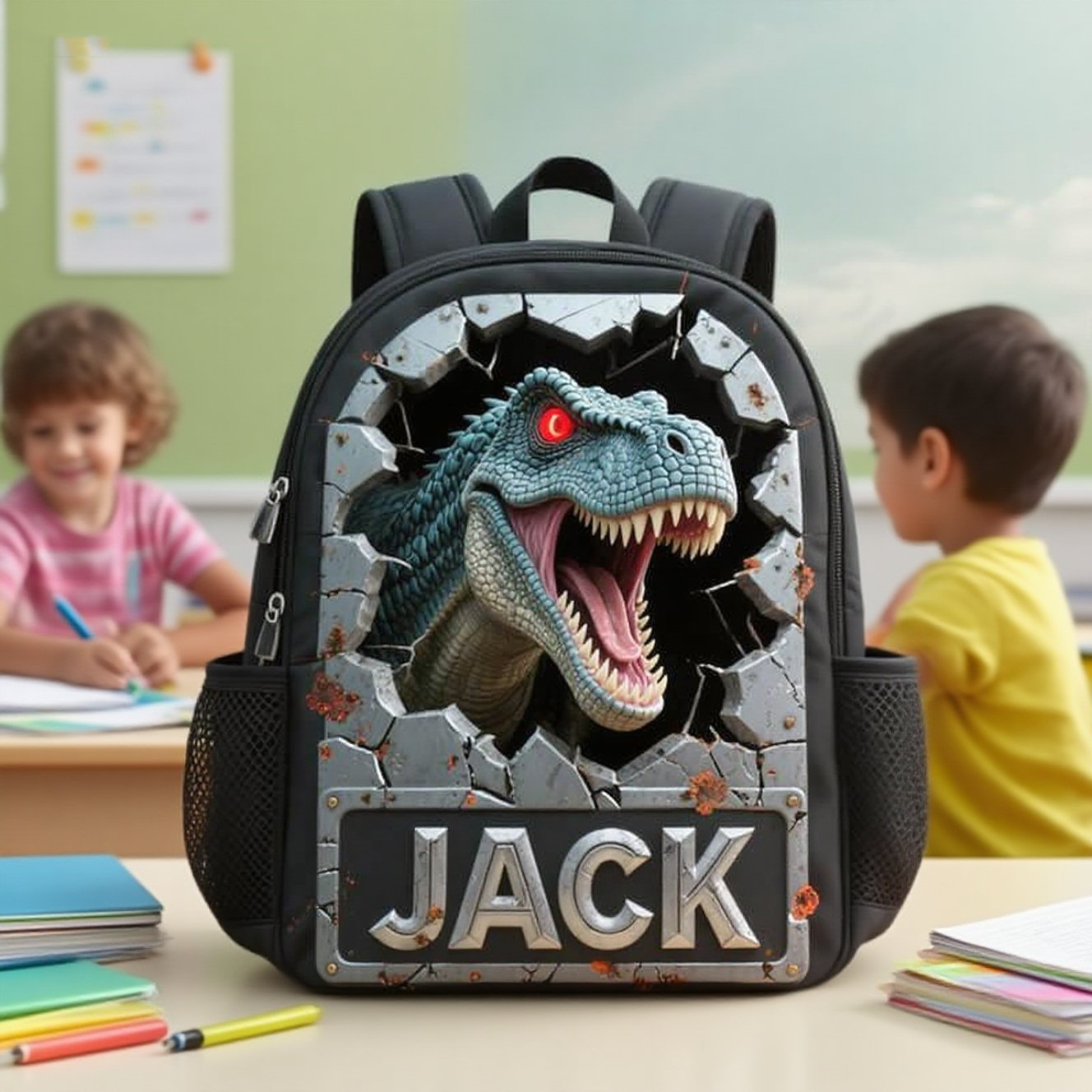 Personalized Children's Dinosaur Wall Crack Theme Schoolbag-$38.00-Photo to 3d art
